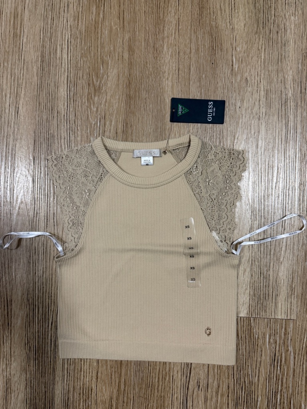GUESS Beige Ribbed Tank with Lace Cap Sleeves XS